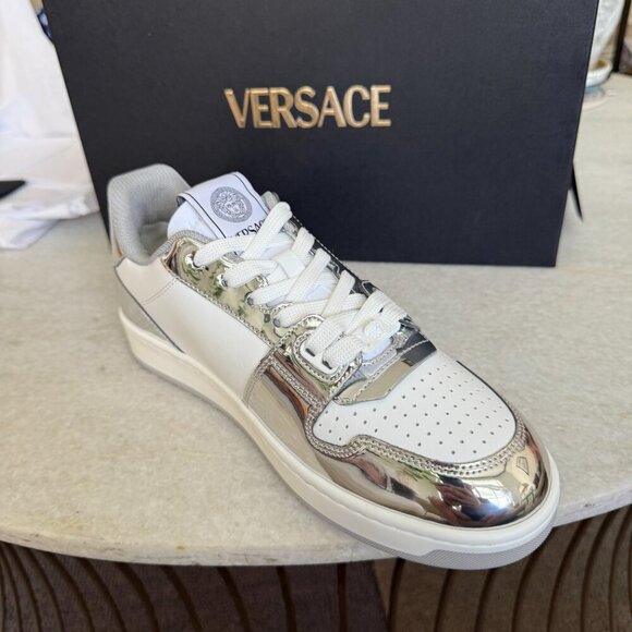 Versace Medusa White Leather Men's Sneaker Shoe, 1013377, Silver patent leather - Picture 4 of 13